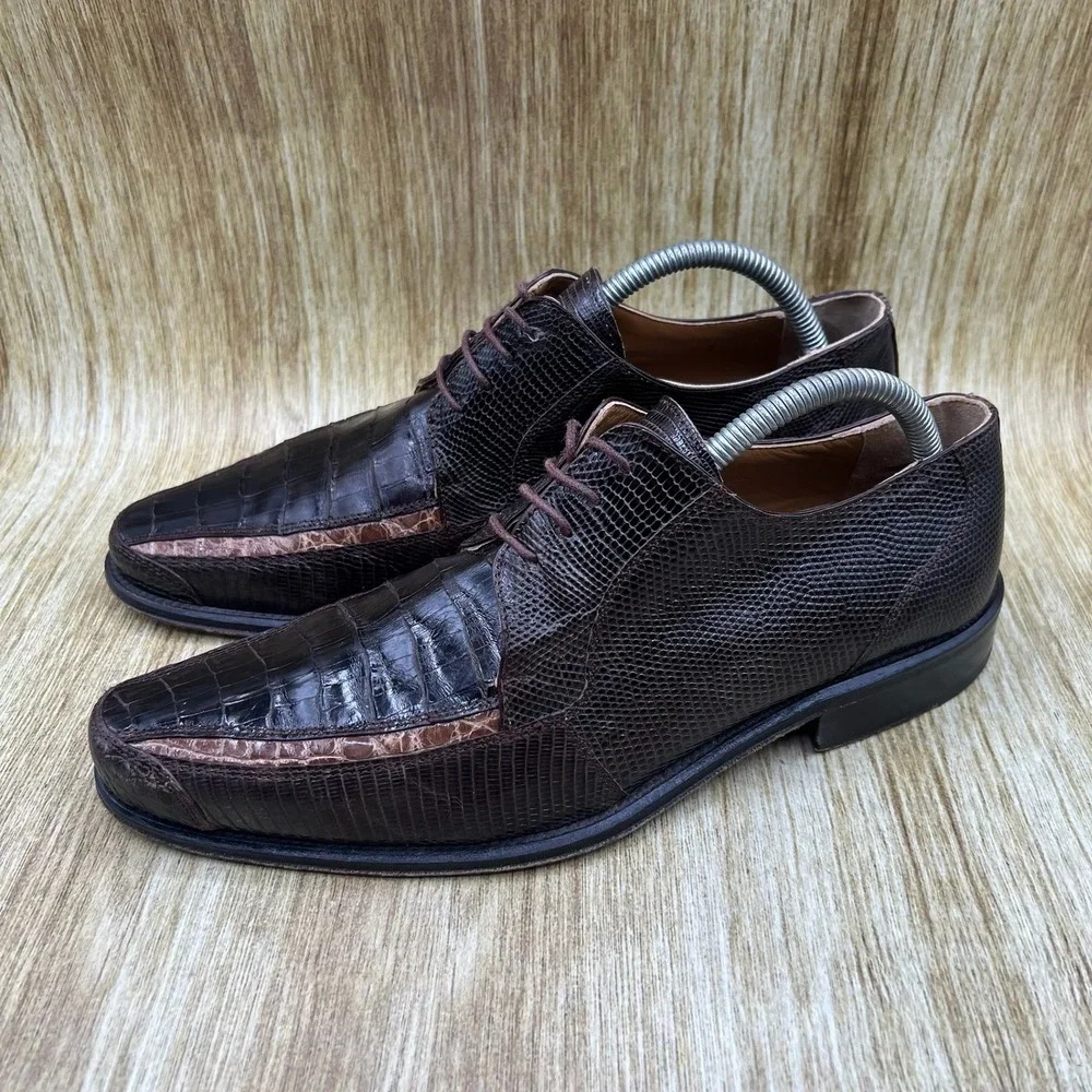 Slick Exotica Oxford Dress Shoes Men's Size 8 Brown Crocodile Lizard Skin Italy